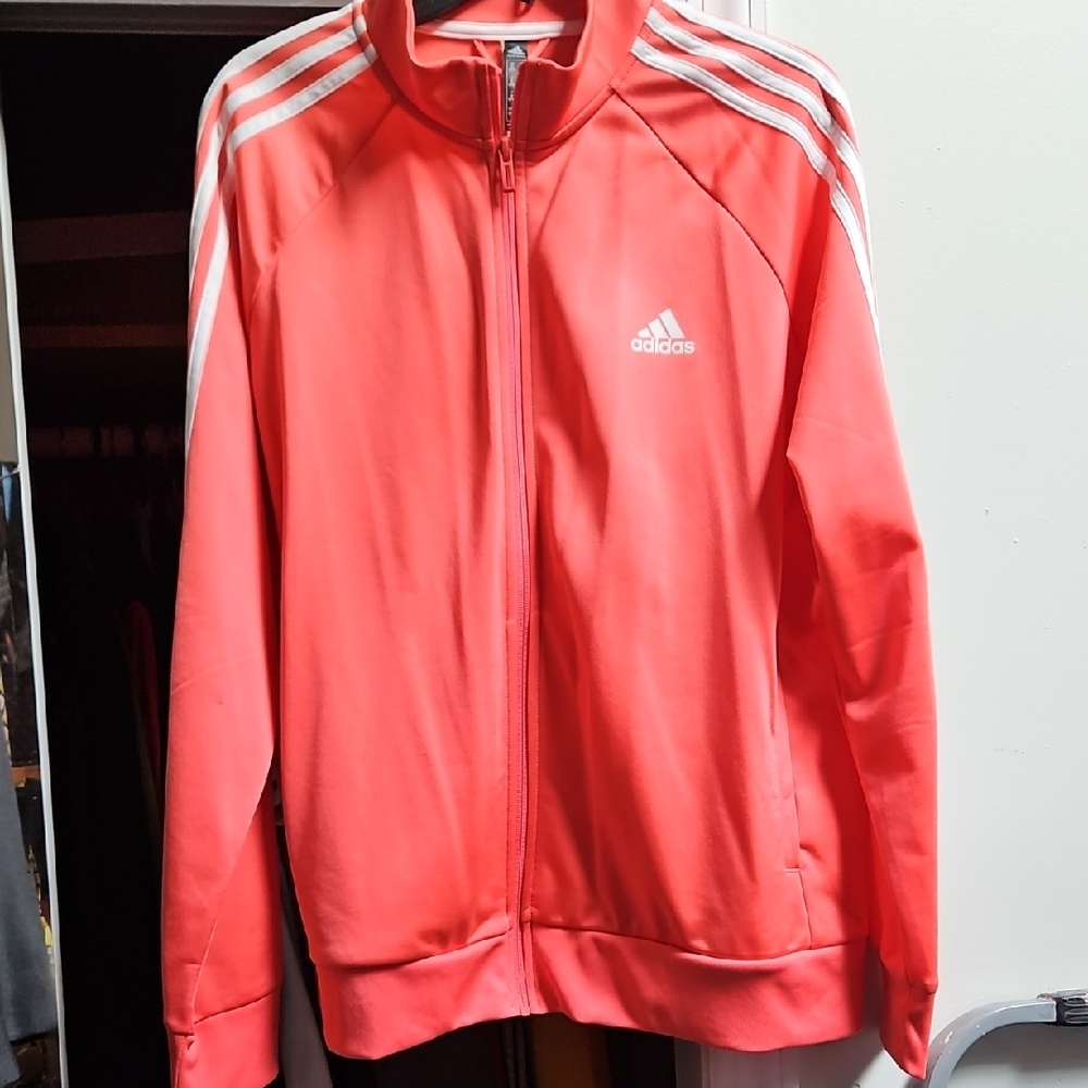 Women’s XL Adidas Bright Coral Jacket with White Stripes